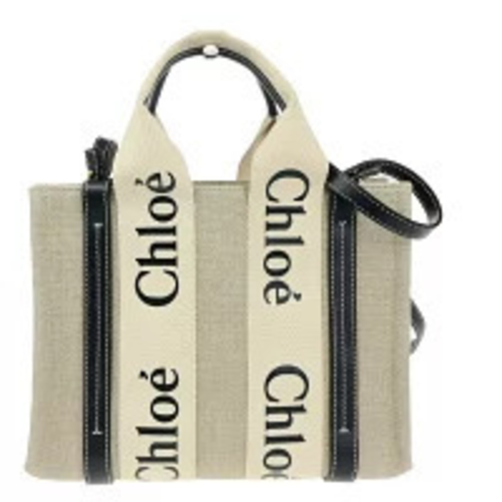 Chloe Woody Tote Shoulder Bag Canvas Leather White Navy Blue